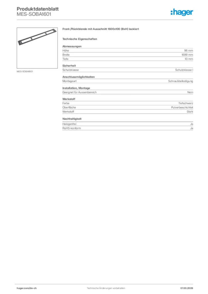 Bild Hager Produktdatenblatt MES-SOBA1601 | Hager Schweiz