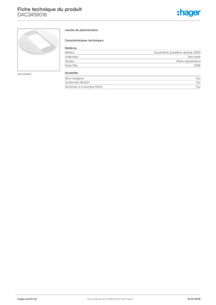 Image Hager Fiche technique du produit DAC2459016 | Hager Belgique