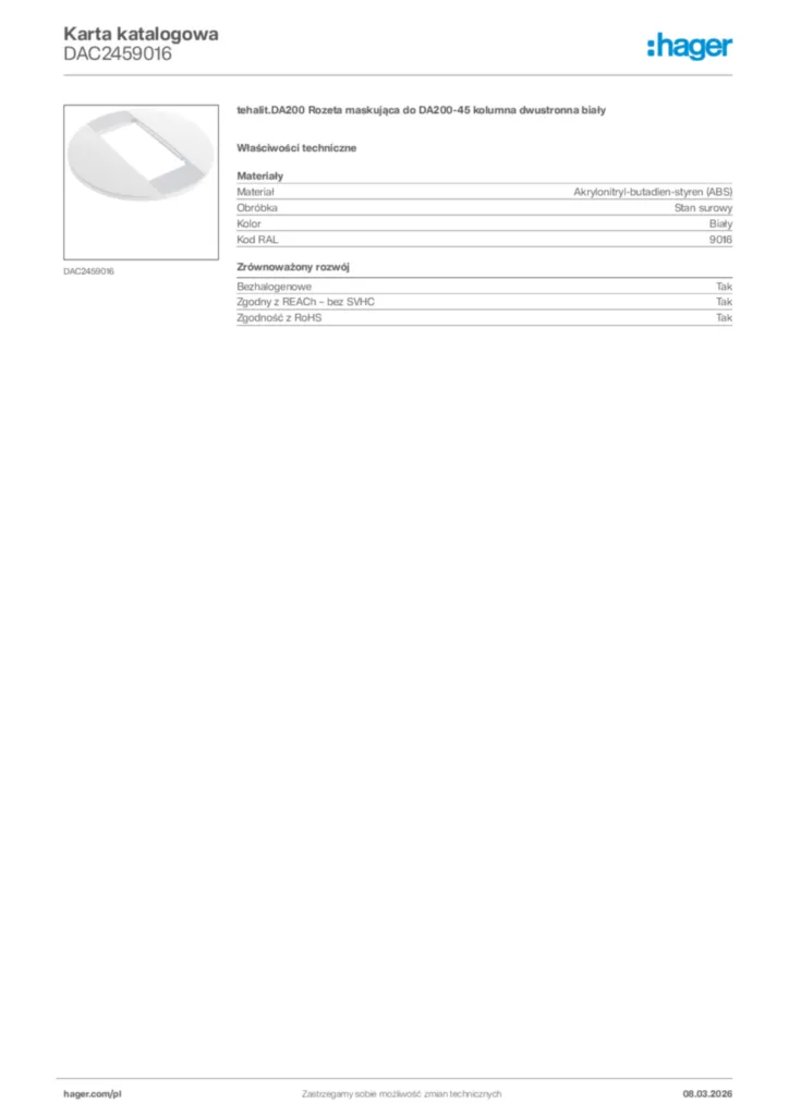 Zdjęcie Hager Karta katalogowa DAC2459016 | Hager Polska