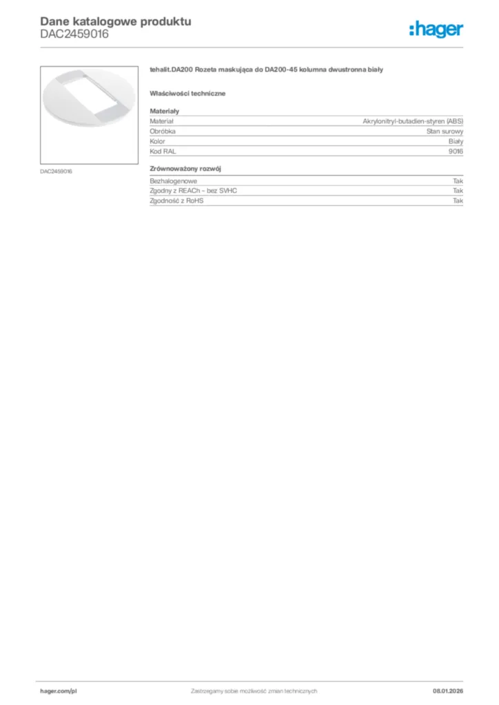 Zdjęcie Hager Karta katalogowa DAC2459016 | Hager Polska