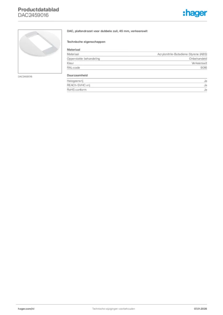 Afbeelding Hager Productdatablad DAC2459016 | Hager Nederland