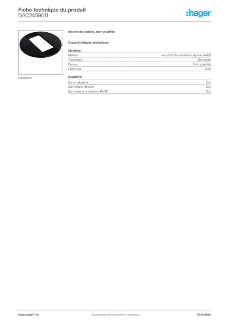 Image Hager Fiche technique du produit DAC2459011 | Hager Belgique