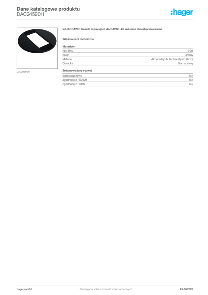 Zdjęcie Hager Karta katalogowa DAC2459011 | Hager Polska