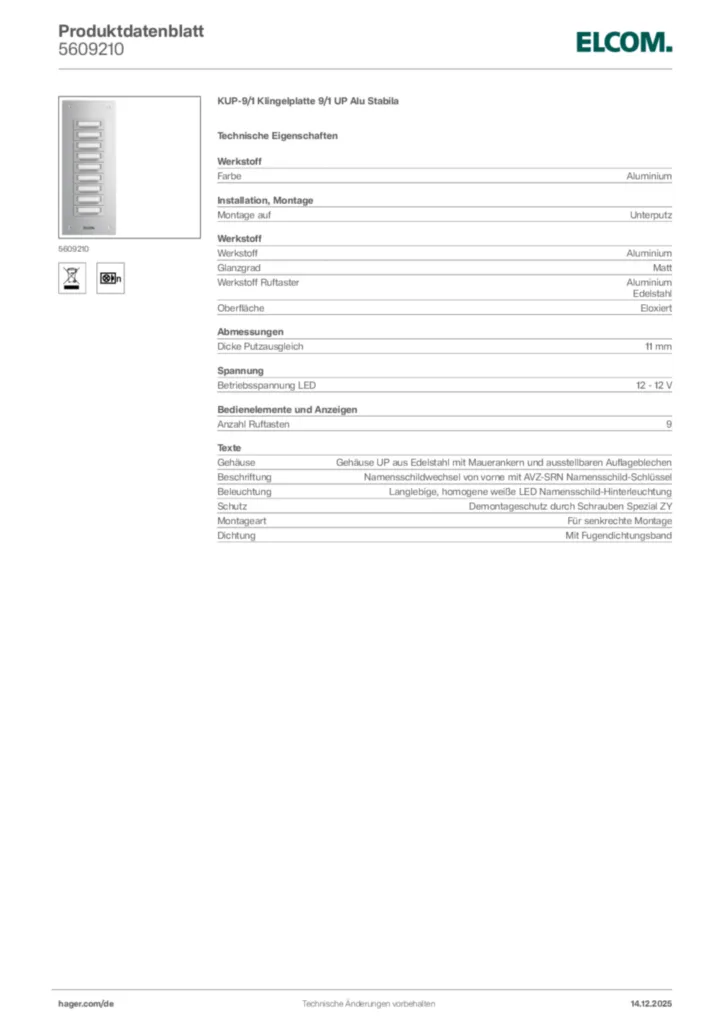 Bild Elcom Produktdatenblatt 5609210 | Hager Deutschland