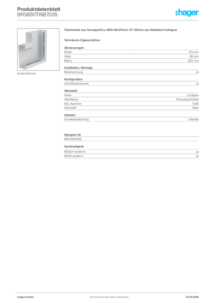Bild Hager Produktdatenblatt BRS651705B7035 | Hager Deutschland