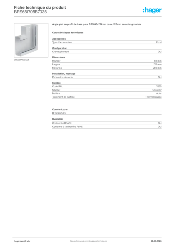 Image Hager Fiche technique du produit BRS651705B7035 | Hager Suisse