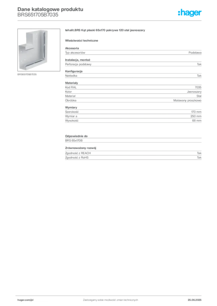 Zdjęcie Hager Karta katalogowa BRS651705B7035 | Hager Polska