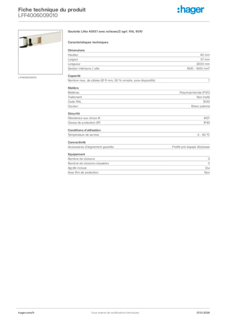 Image Hager Fiche technique du produit LFF4006009010 | Hager France