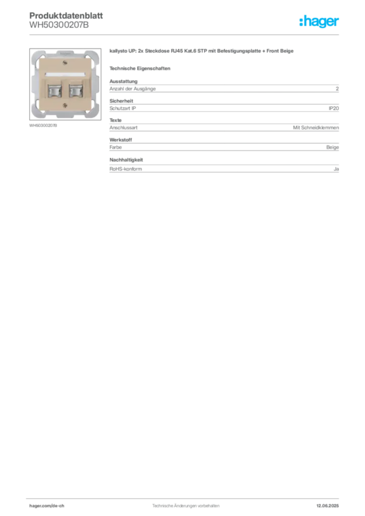 Bild Hager Produktdatenblatt WH50300207B | Hager Schweiz