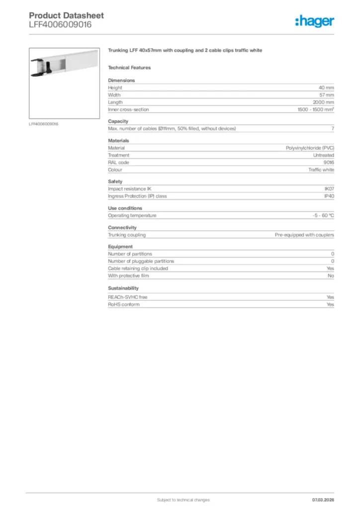 Image Hager Product data sheet LFF4006009016  | Hager Africa