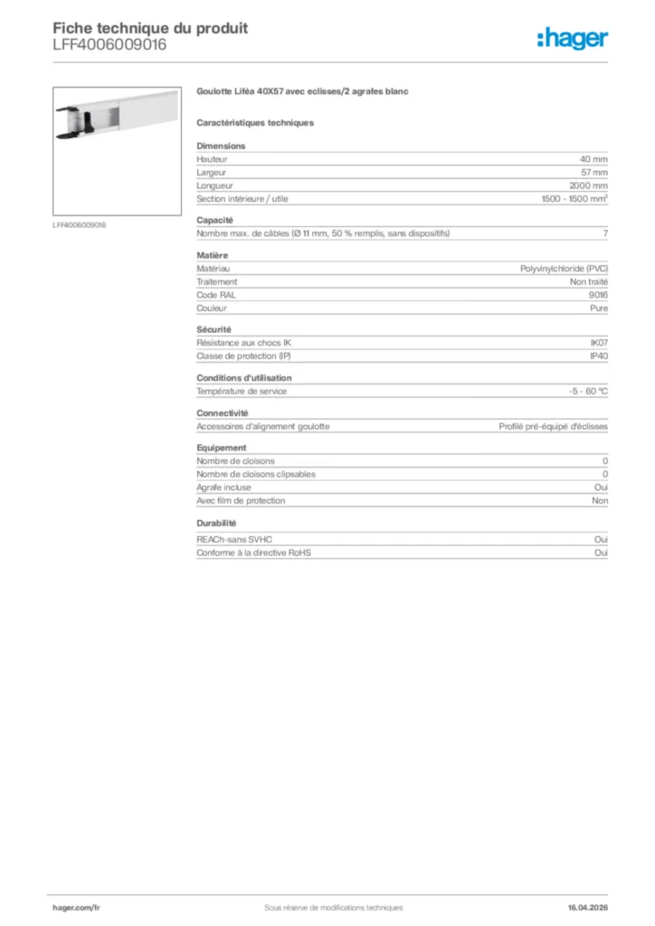 Image Hager Fiche technique du produit LFF4006009016 | Hager France