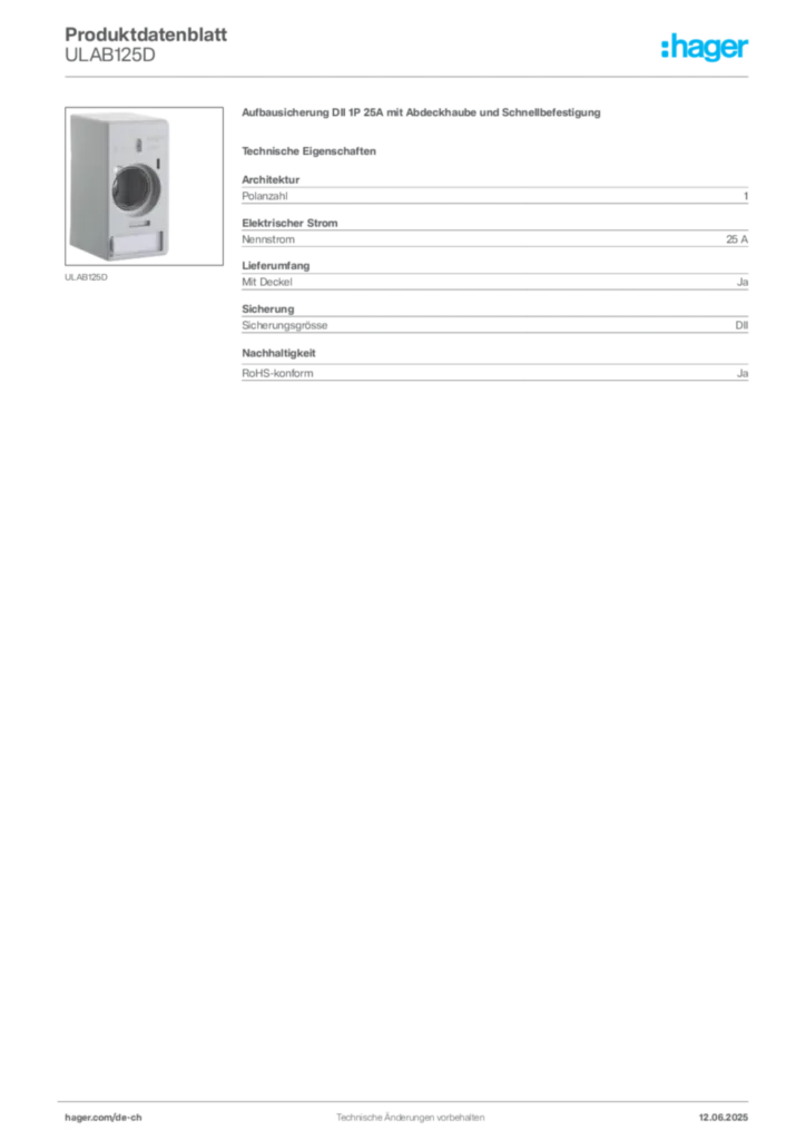 Bild Hager Produktdatenblatt ULAB125D | Hager Schweiz