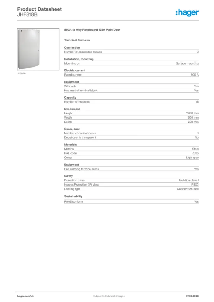 Image Hager Product data sheet JHF818B  | Hager