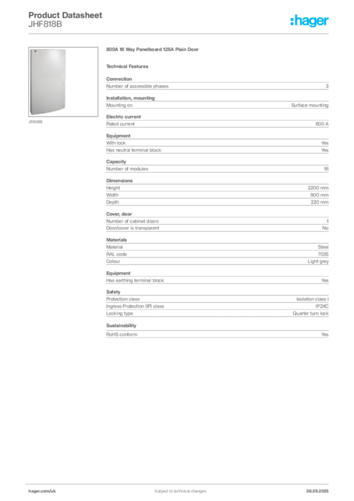 Image Hager Product data sheet JHF818B  | Hager