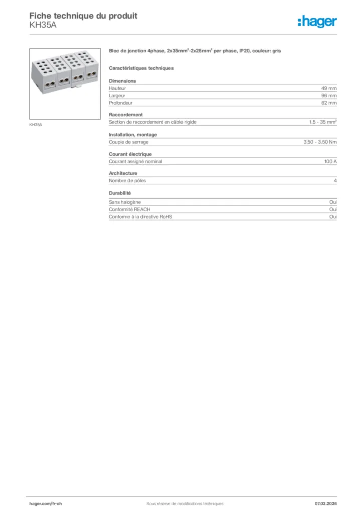 Image Hager Fiche technique du produit KH35A | Hager Suisse
