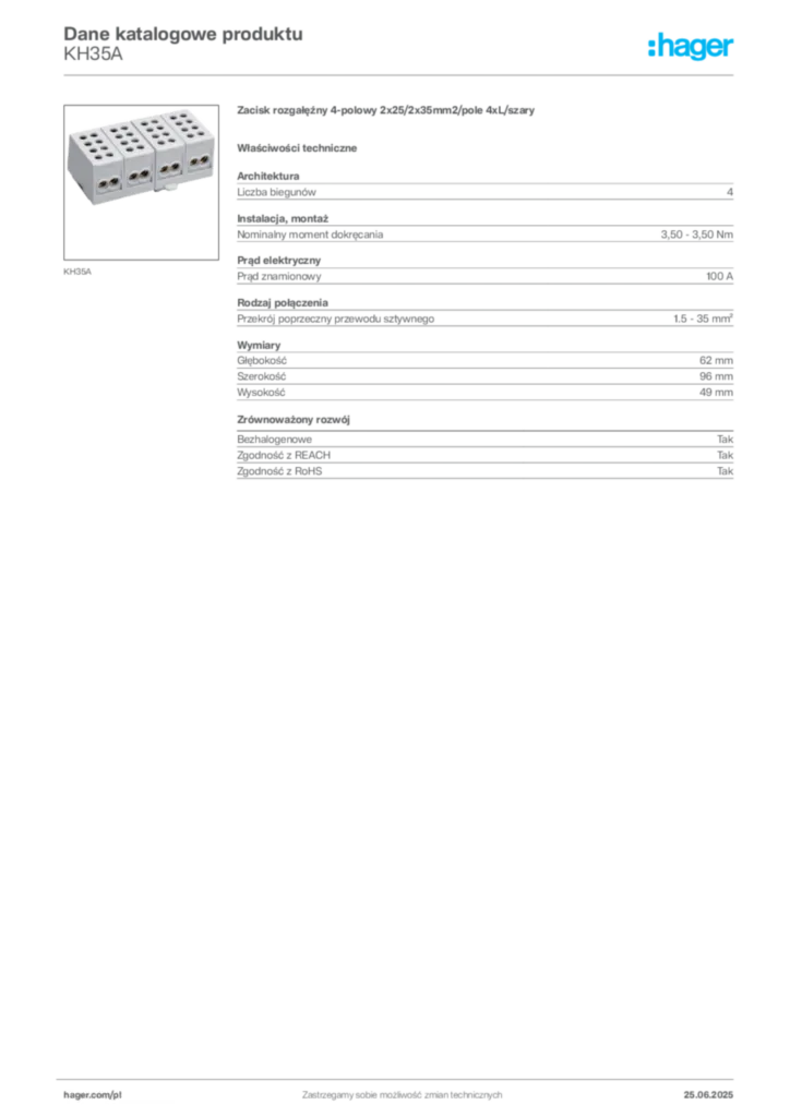 Zdjęcie Hager Karta katalogowa KH35A | Hager Polska