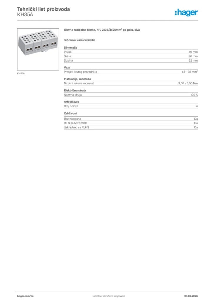 Slika Hager Tehnički list proizvoda KH35A  | Hager
