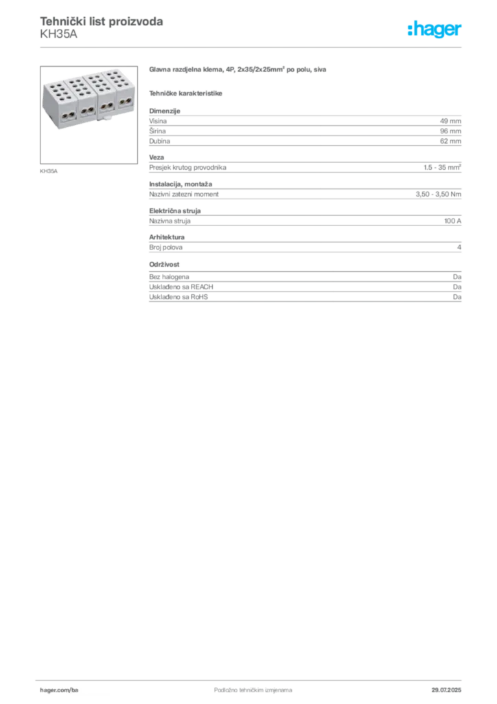 Slika Hager Product data sheet KH35A  | Hager