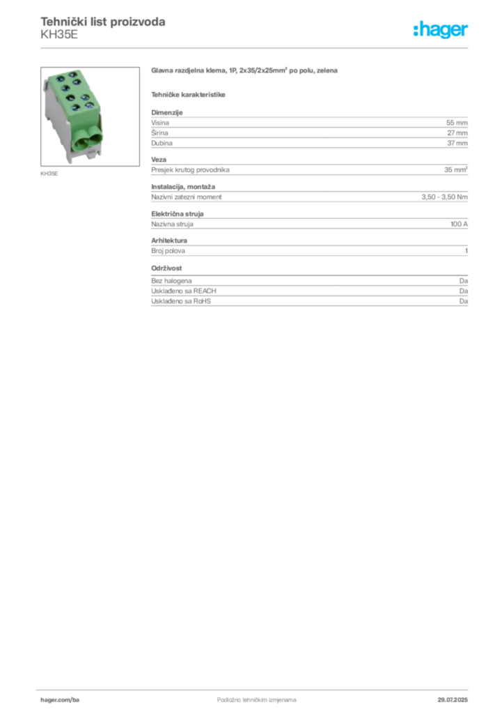 Slika Hager Product data sheet KH35E  | Hager