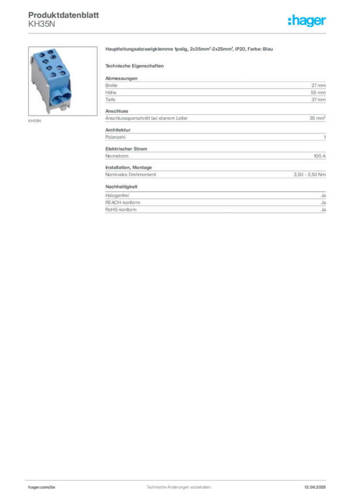Bild Hager Produktdatenblatt KH35N | Hager Deutschland