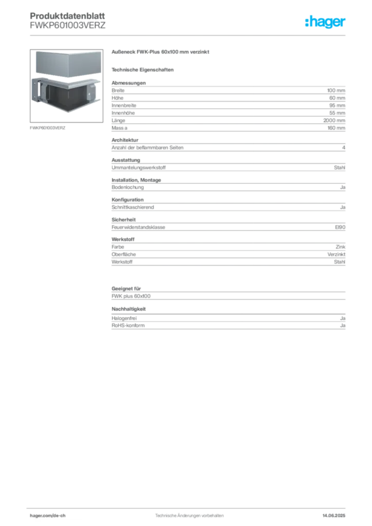 Bild Hager Produktdatenblatt FWKP601003VERZ | Hager Schweiz