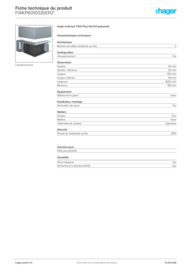 Image Hager Fiche technique du produit FWKP601003VERZ | Hager Suisse