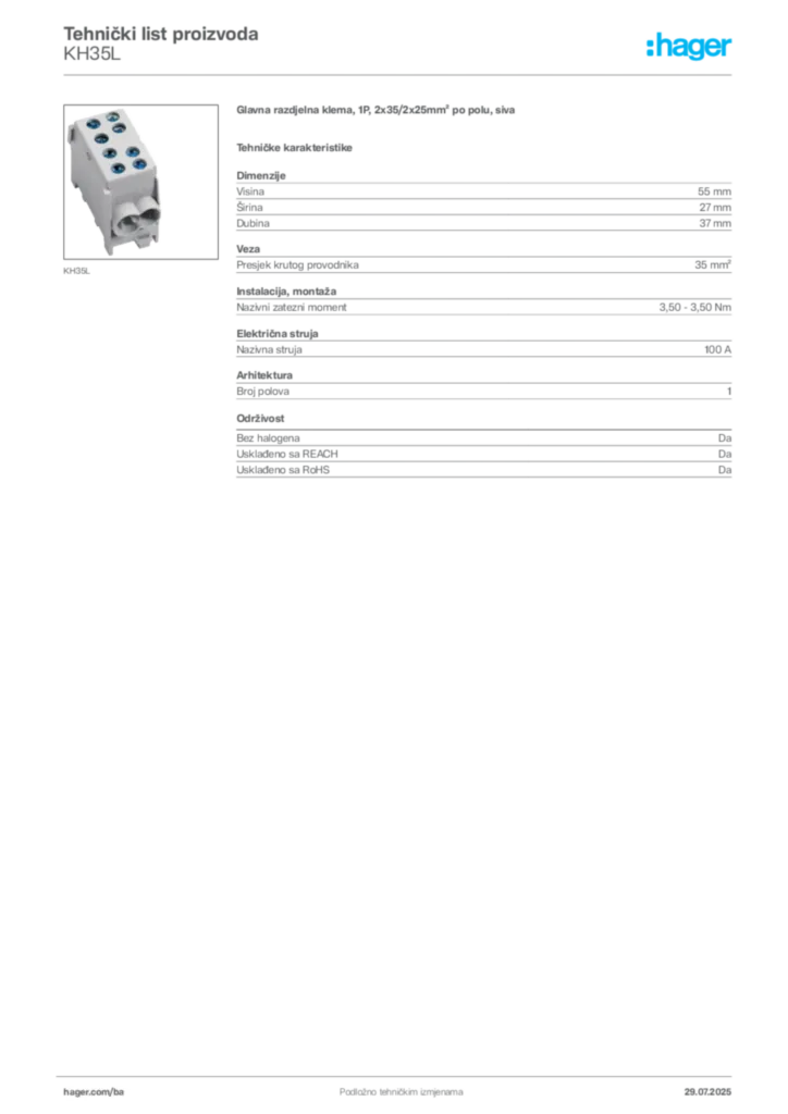 Slika Hager Product data sheet KH35L  | Hager