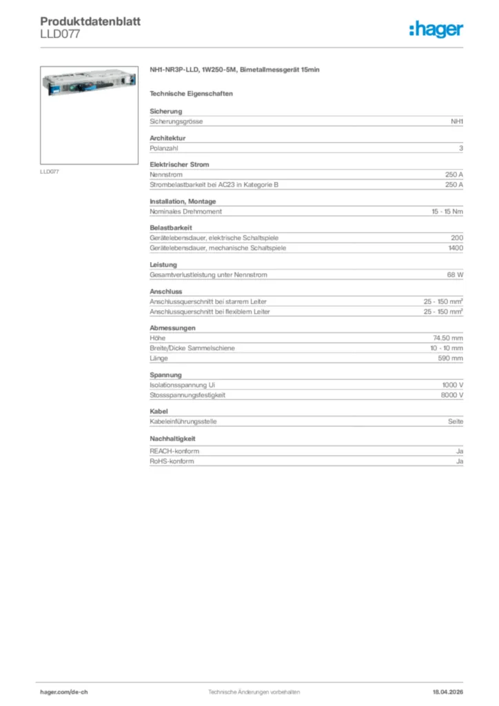 Bild Hager Produktdatenblatt LLD077 | Hager Schweiz