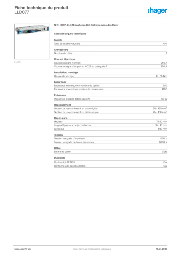 Image Hager Fiche technique du produit LLD077 | Hager Suisse