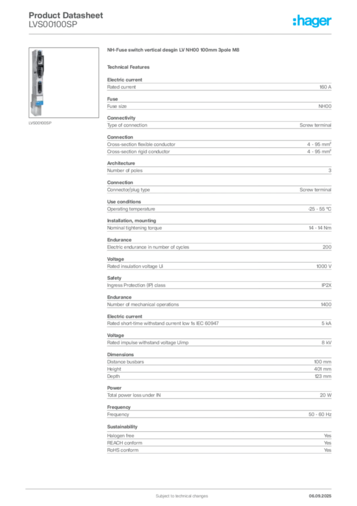 Image Hager Product data sheet LVS00100SP  | Hager