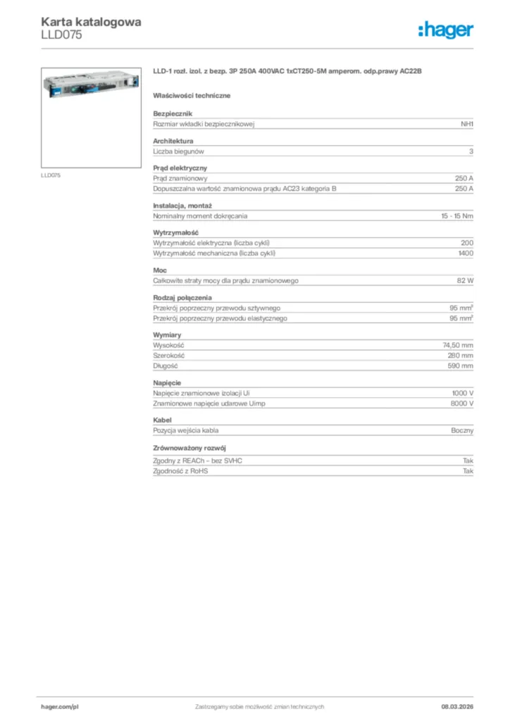 Zdjęcie Hager Karta katalogowa LLD075 | Hager Polska