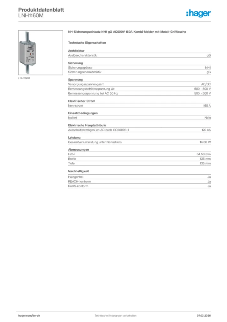 Bild Hager Produktdatenblatt LNH1160M | Hager Schweiz