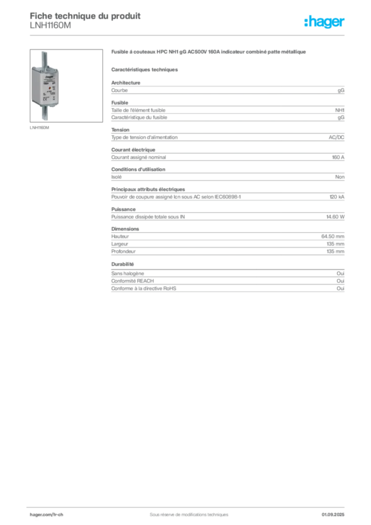 Image Hager Fiche technique du produit LNH1160M | Hager Suisse