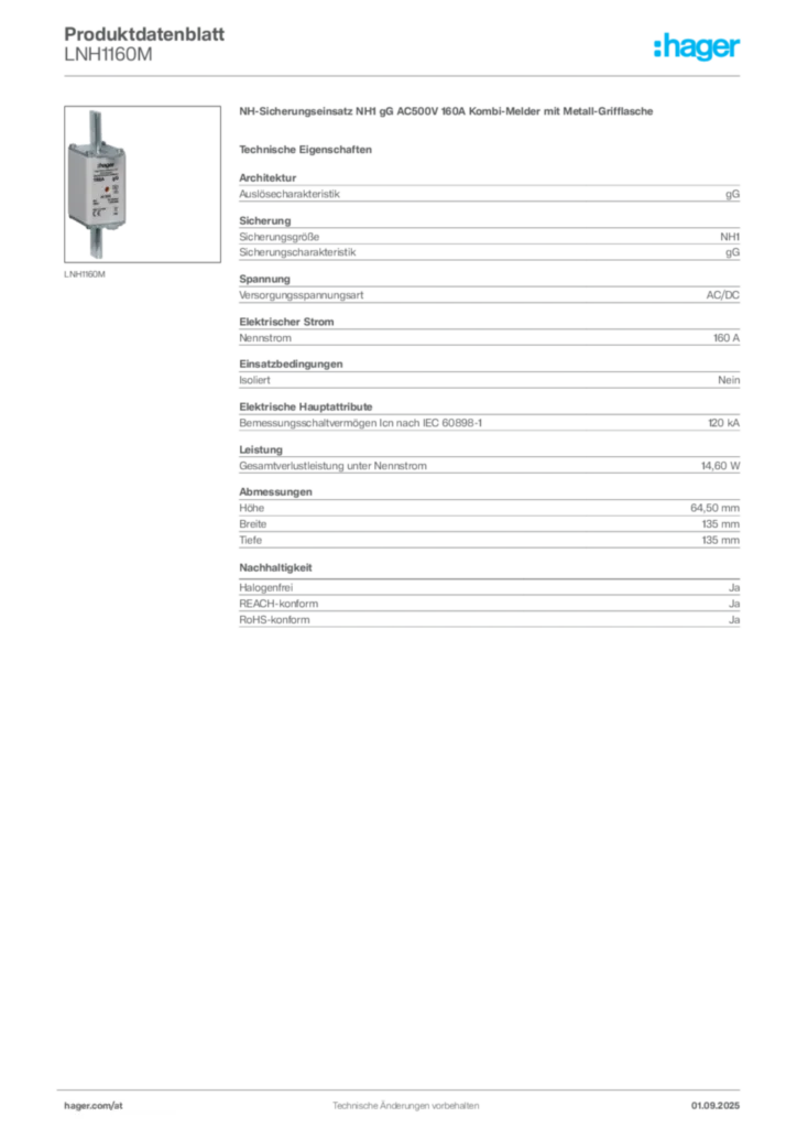 Bild Hager Produktdatenblatt LNH1160M | Hager Deutschland