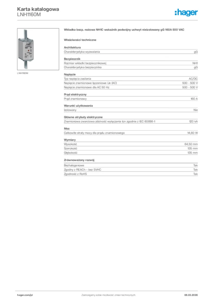 Zdjęcie Hager Karta katalogowa LNH1160M | Hager Polska
