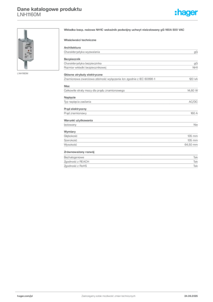 Zdjęcie Hager Karta katalogowa LNH1160M | Hager Polska