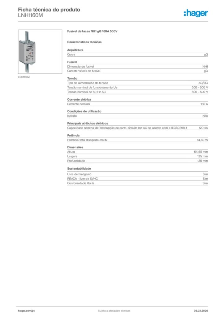 Imagem Hager Ficha técnica do produto LNH1160M | Hager Portugal