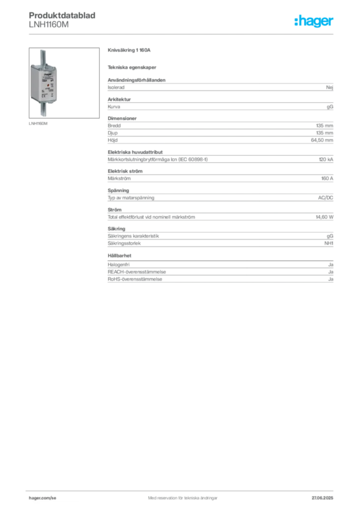 Bild Hager Produktdatablad LNH1160M | Hager Sverige