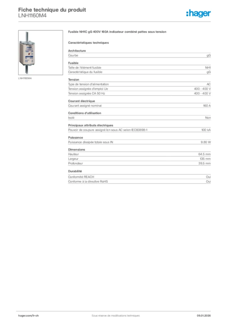 Image Hager Fiche technique du produit LNH1160M4 | Hager Suisse