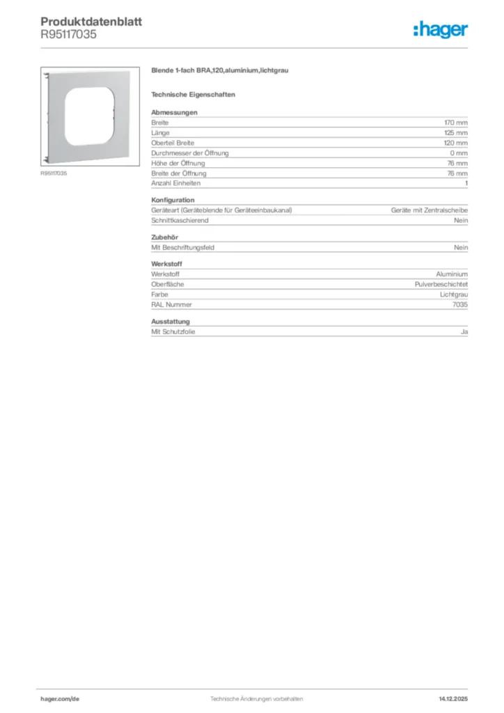 Bild Hager Produktdatenblatt R95117035 | Hager Deutschland
