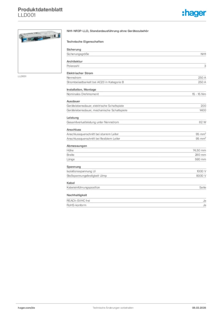 Bild Hager Produktdatenblatt LLD001 | Hager Deutschland