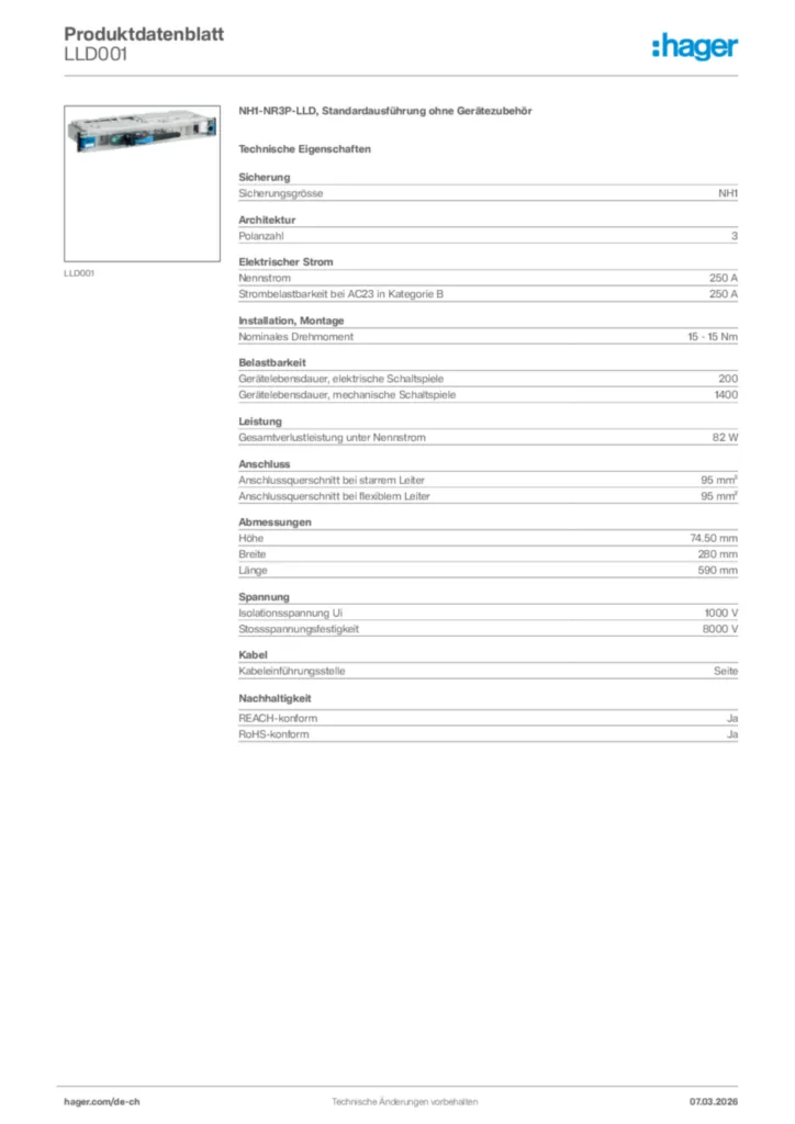 Bild Hager Produktdatenblatt LLD001 | Hager Schweiz