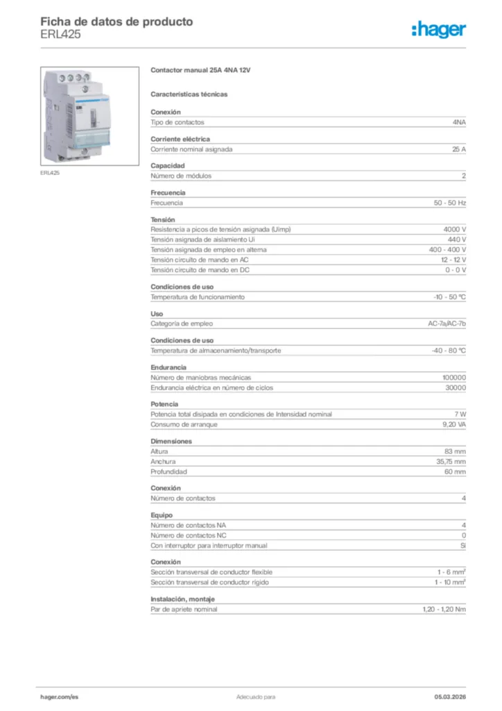 Imagen Hager Ficha de datos de producto ERL425 | Hager España