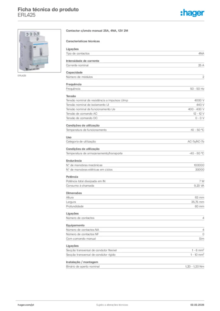Imagem Hager Ficha técnica do produto ERL425 | Hager Portugal