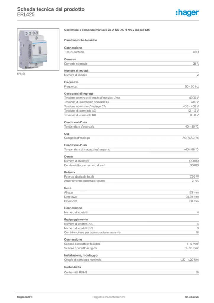 Immagine Hager Scheda tecnica del prodotto ERL425 | Hager Italia