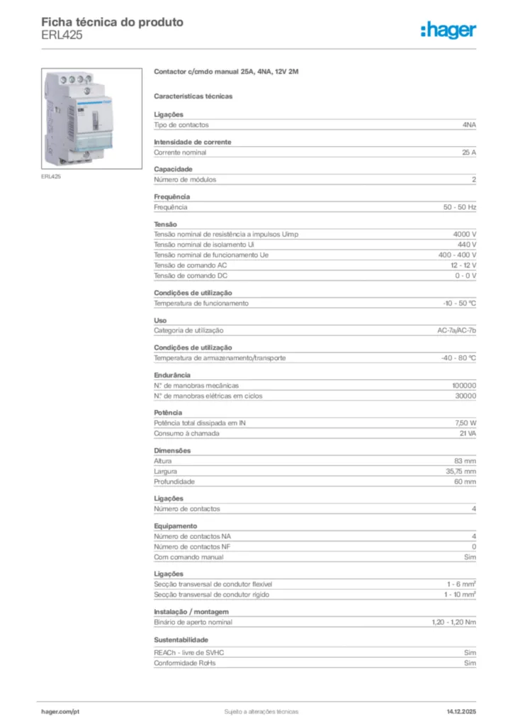 Imagem Hager Ficha técnica do produto ERL425 | Hager Portugal