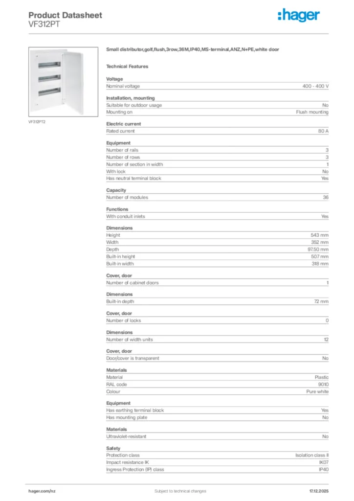 Image Hager Product data sheet VF312PT  | Hager New Zealand