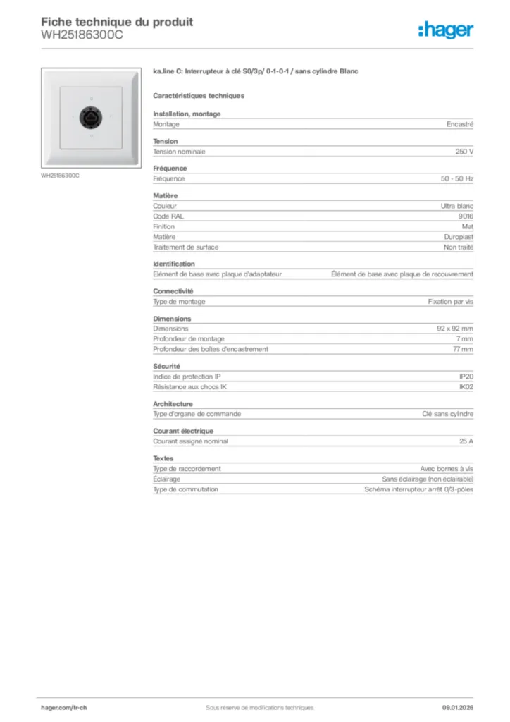 Image Hager Fiche technique du produit WH25186300C | Hager Suisse