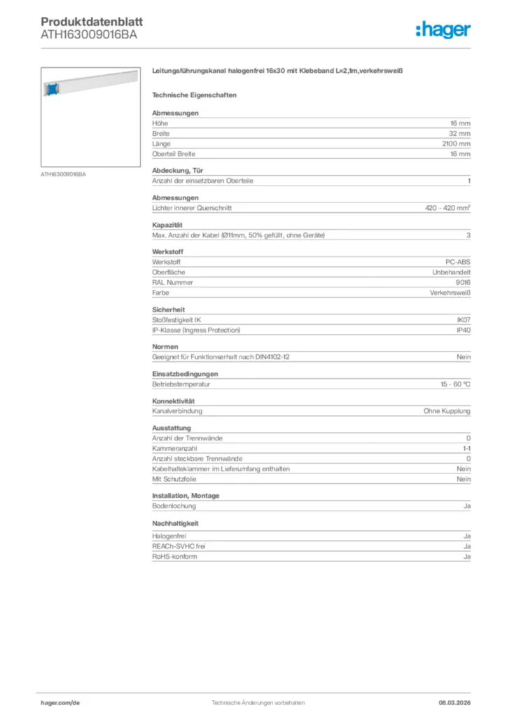 Bild Hager Produktdatenblatt ATH163009016BA | Hager Deutschland
