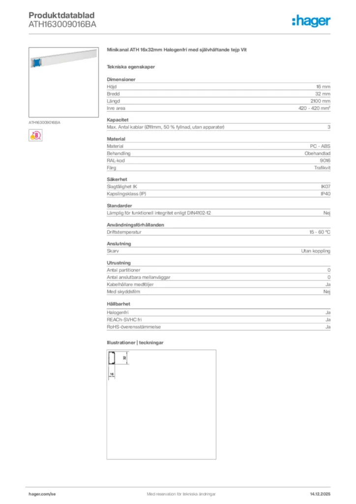 Bild Hager Produktdatablad ATH163009016BA | Hager Sverige